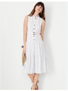 Ann Taylor belted navy and white striped midi dress size 10